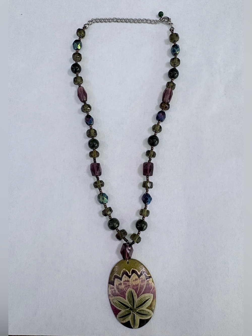 Handcrafted Mixed Bead Statement Necklace Hand Painted Flower Pendant